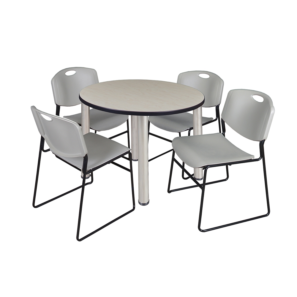 Kee 36" Round Breakroom Table- Maple/ Chrome & 4 Zeng Stack Chairs- Grey. Picture 1