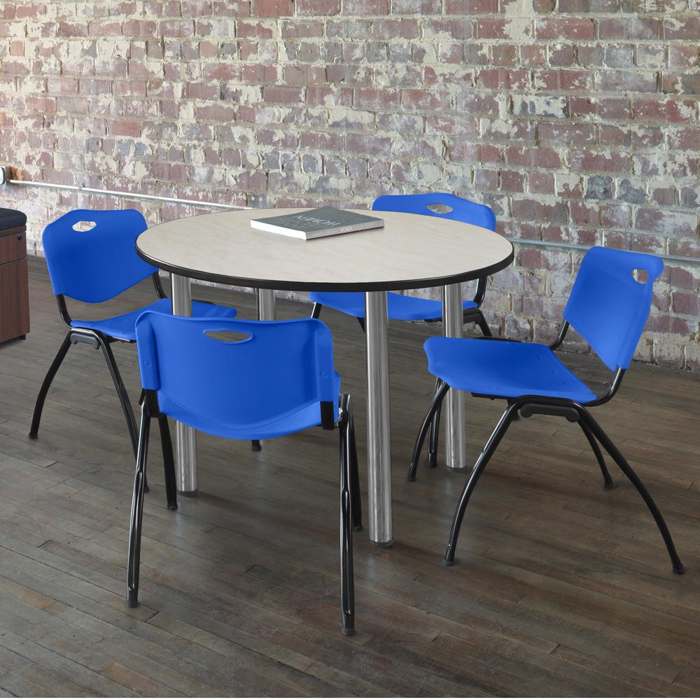 Kee 36" Round Breakroom Table- Maple/ Chrome & 4 'M' Stack Chairs- Blue. Picture 2