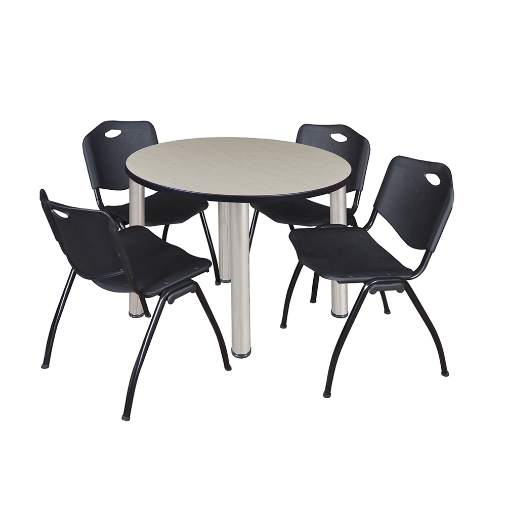 Kee 36" Round Breakroom Table- Maple/ Chrome & 4 'M' Stack Chairs- Black. Picture 1