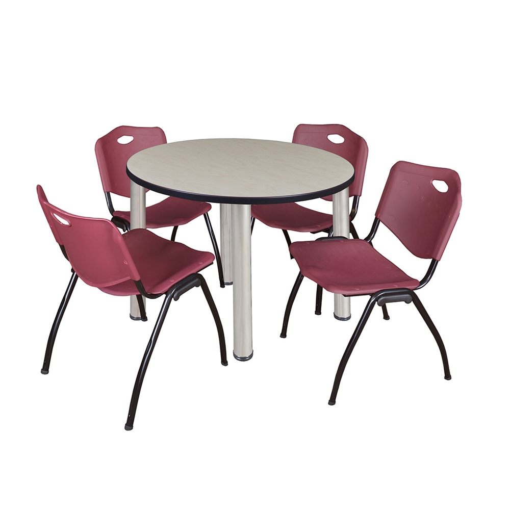 Kee 36" Round Breakroom Table- Maple/ Chrome & 4 'M' Stack Chairs- Burgundy. Picture 1