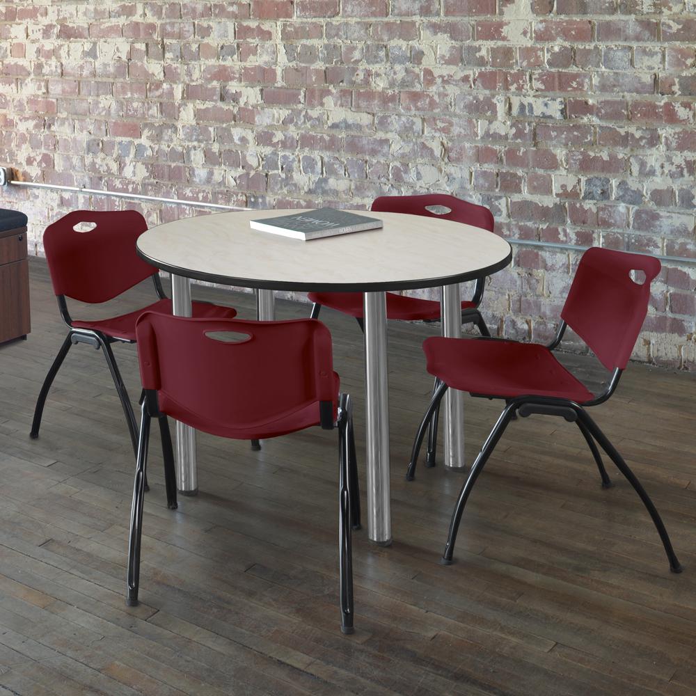 Kee 36" Round Breakroom Table- Maple/ Chrome & 4 'M' Stack Chairs- Burgundy. Picture 2
