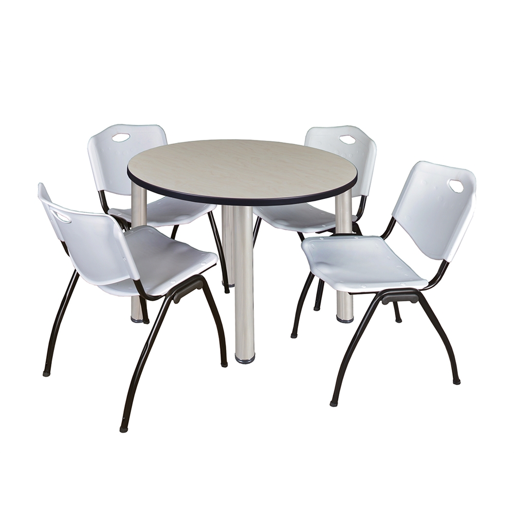 Kee 36" Round Breakroom Table- Maple/ Chrome & 4 'M' Stack Chairs- Grey. Picture 1
