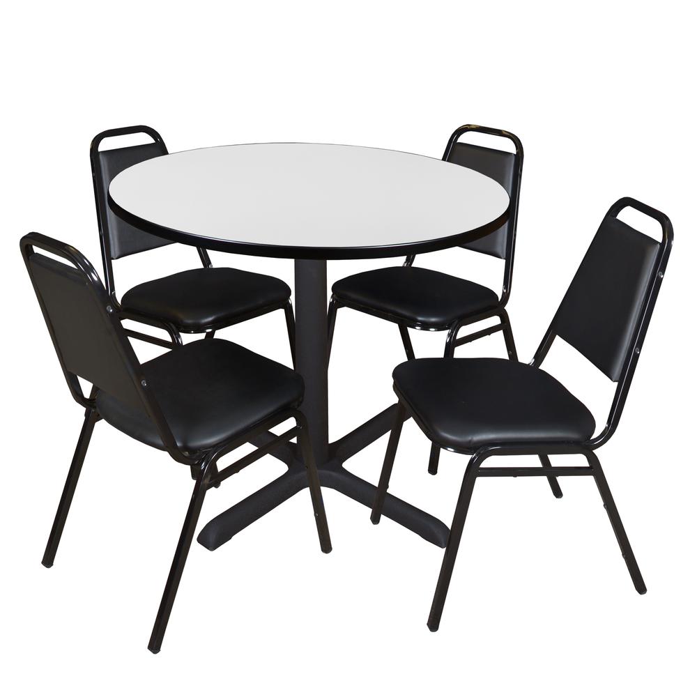 Regency Cain 36 in. Round Breakroom Table- White & 4 Restaurant Stack Chairs- Black. Picture 1