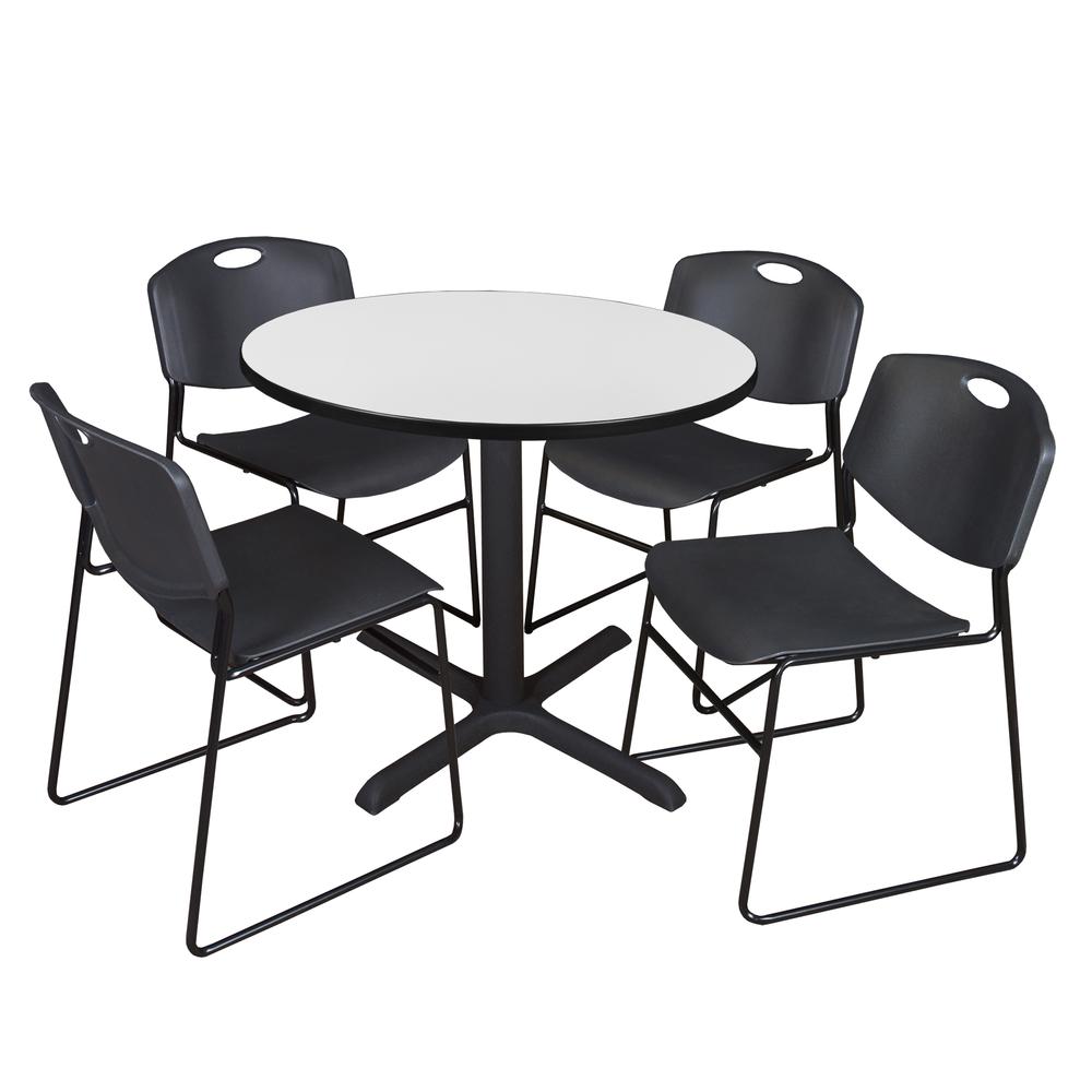 Regency Cain 36 in. Round Breakroom Table- White & 4 Zeng Stack Chairs- Black. Picture 1