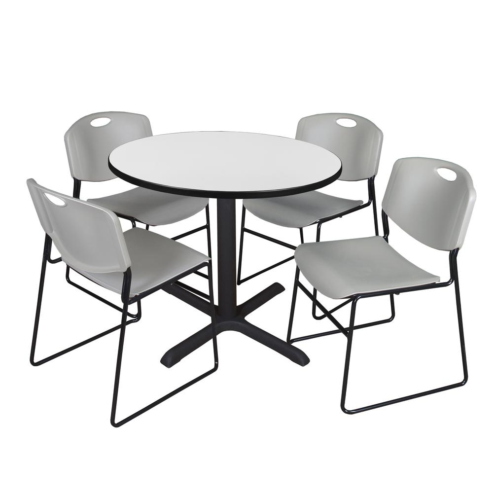 Regency Cain 36 in. Round Breakroom Table- White & 4 Zeng Stack Chairs- Grey. Picture 1