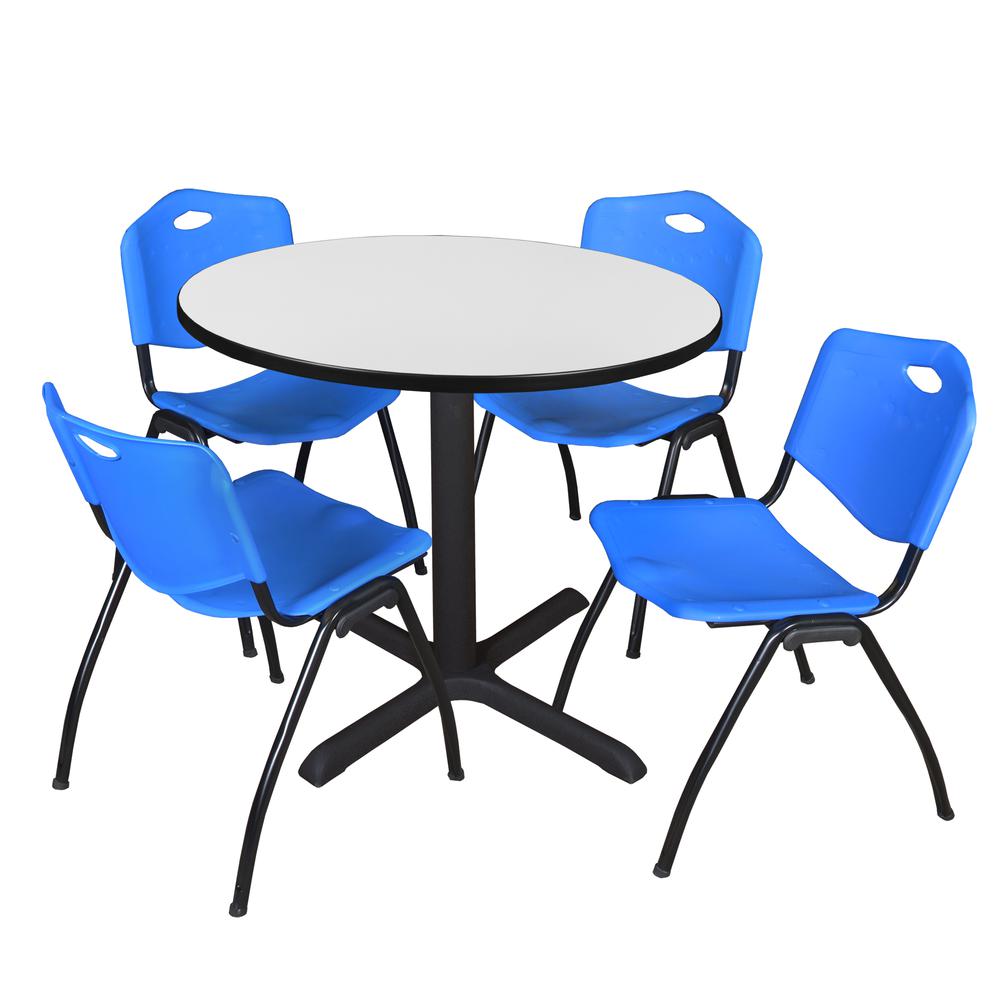 Regency Cain 36 in. Round Breakroom Table- White & 4 M Stack Chairs- Blue. Picture 1