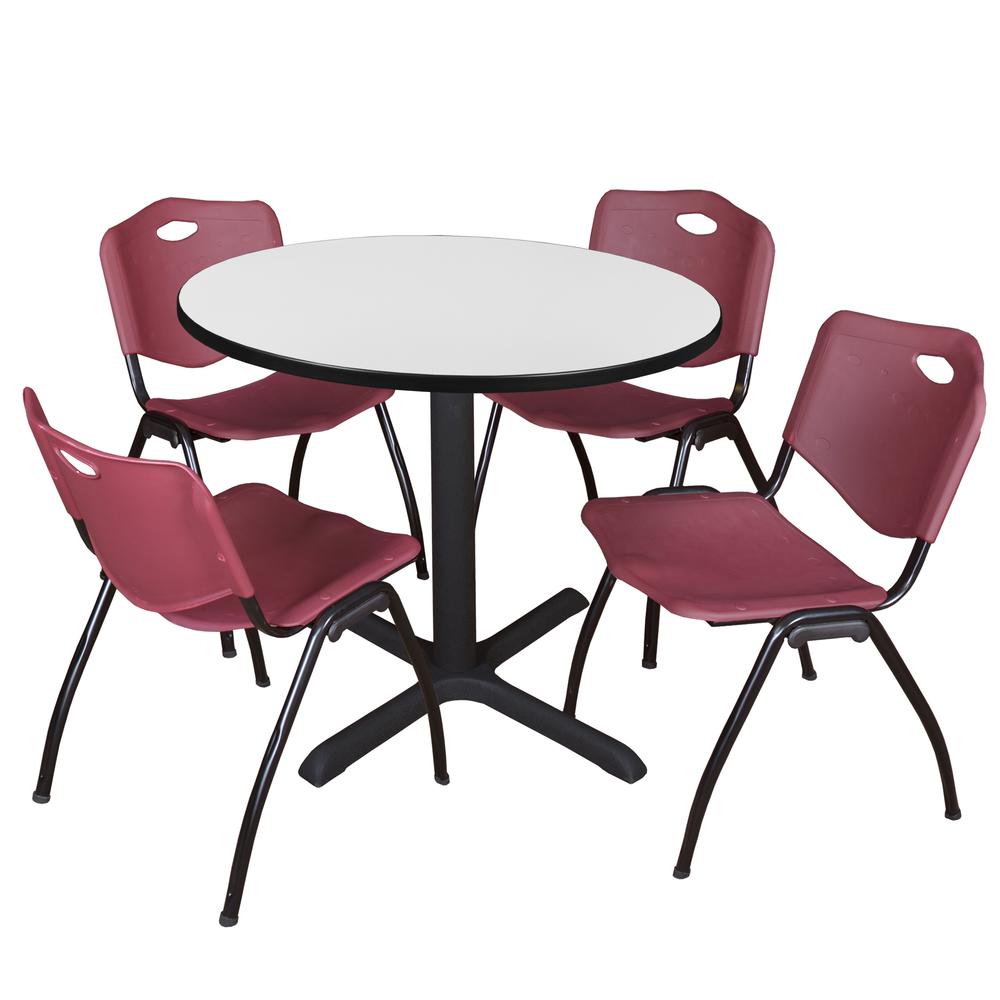 Regency Cain 36 in. Round Breakroom Table- White & 4 M Stack Chairs- Burgundy. Picture 1