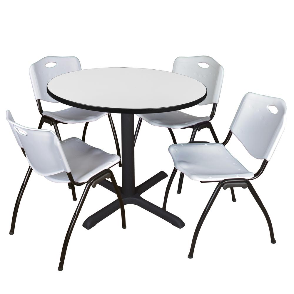 Regency Cain 36 in. Round Breakroom Table- White & 4 M Stack Chairs- Grey. Picture 1