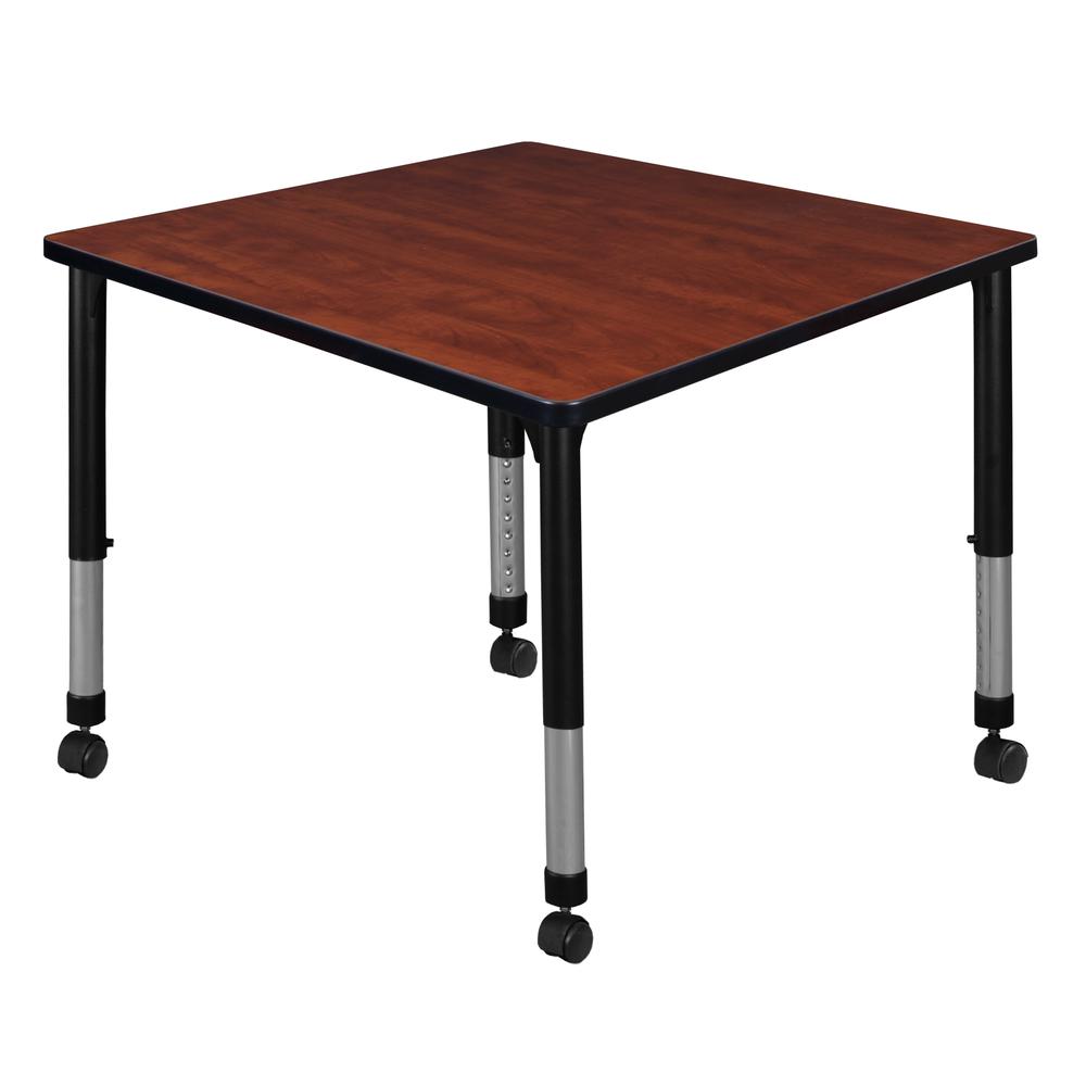 Kee 42" Square Height Adjustable Mobile Classroom Table - Cherry. Picture 1