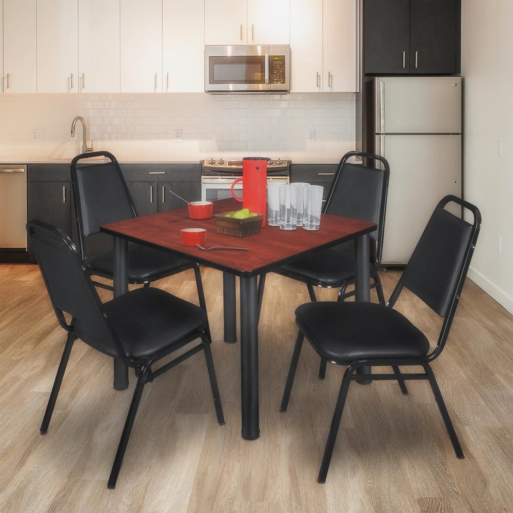 Kee 42" Square Breakroom Table- Cherry/ Black & 4 Restaurant Stack Chairs- Black. Picture 2
