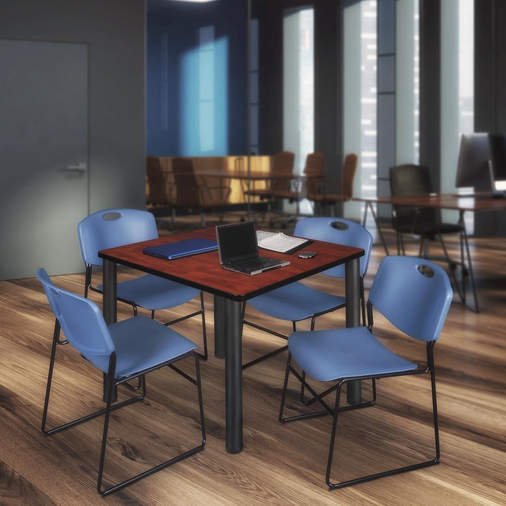 Kee 42" Square Breakroom Table- Cherry/ Black & 4 Zeng Stack Chairs- Blue. Picture 2