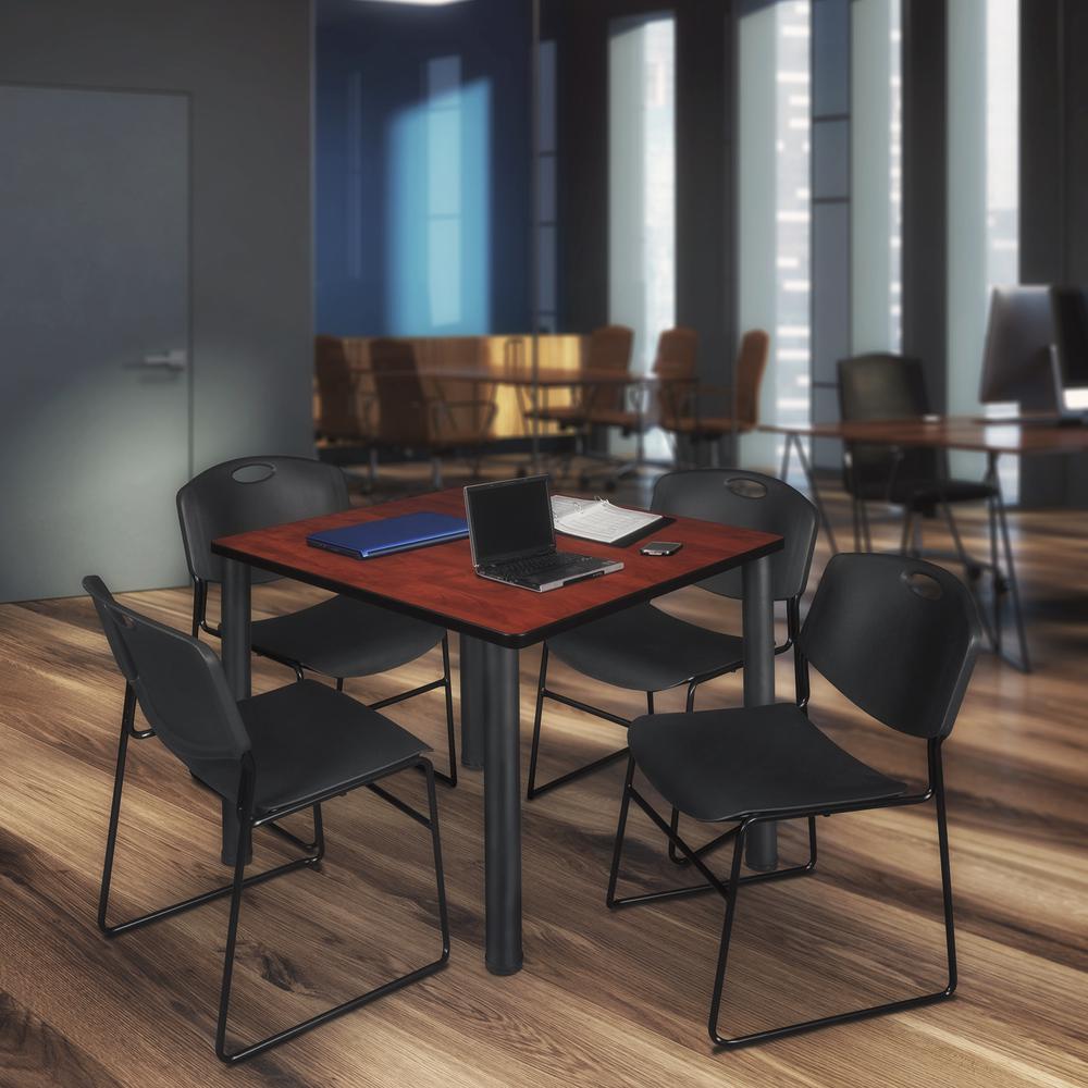 Kee 42" Square Breakroom Table- Cherry/ Black & 4 Zeng Stack Chairs- Black. Picture 2