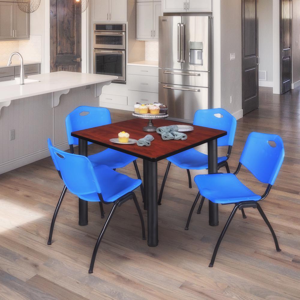 Kee 42" Square Breakroom Table- Cherry/ Black & 4 'M' Stack Chairs- Blue. Picture 2