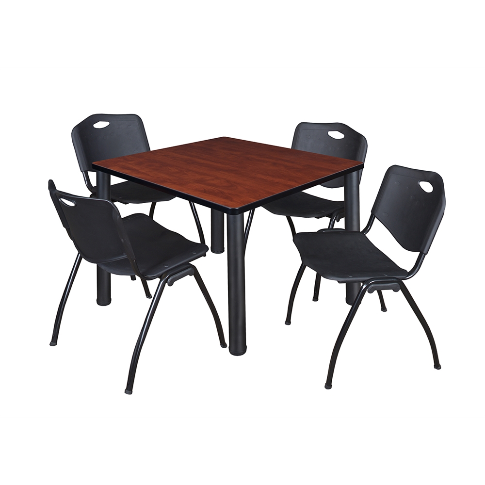 Kee 42" Square Breakroom Table- Cherry/ Black & 4 'M' Stack Chairs- Black. Picture 1