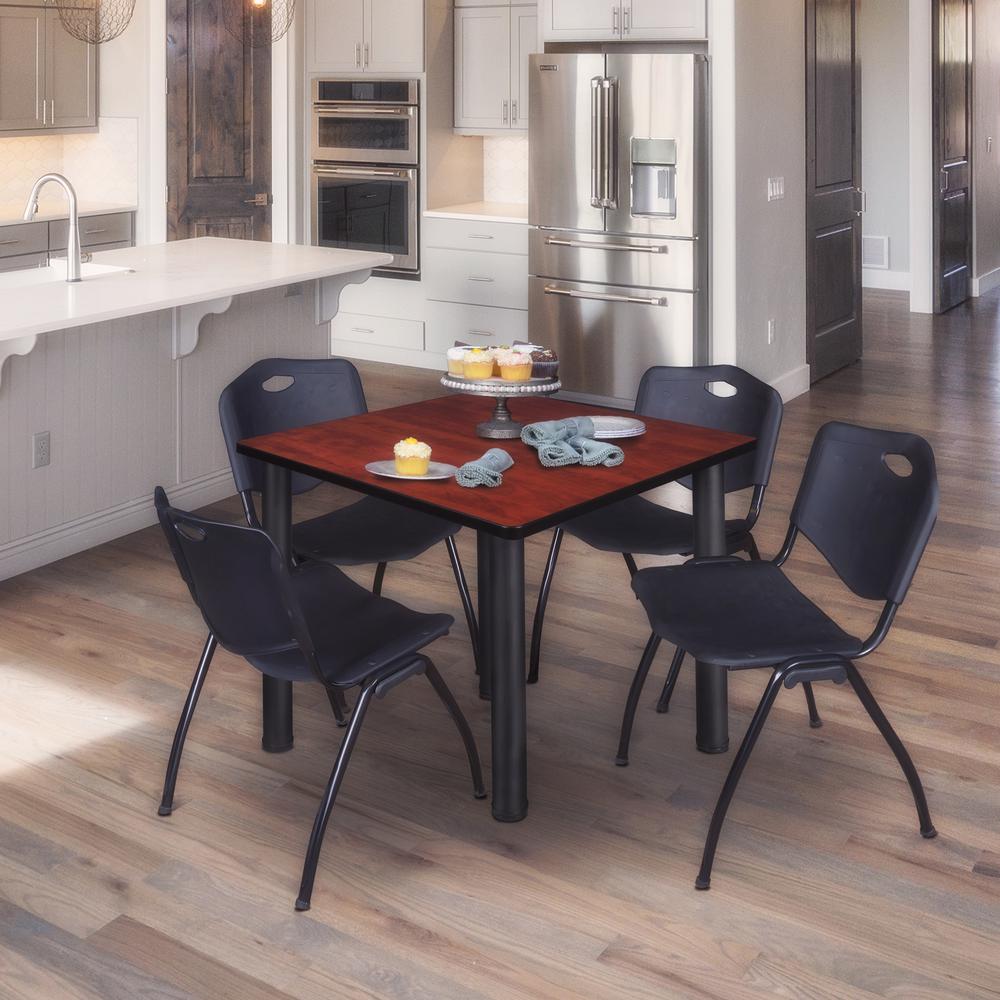 Kee 42" Square Breakroom Table- Cherry/ Black & 4 'M' Stack Chairs- Black. Picture 2