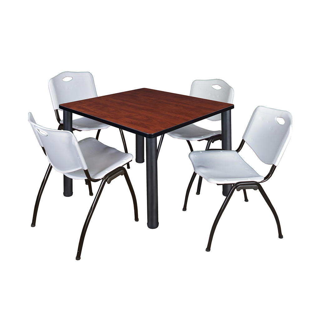 Kee 42" Square Breakroom Table- Cherry/ Black & 4 'M' Stack Chairs- Grey. Picture 1