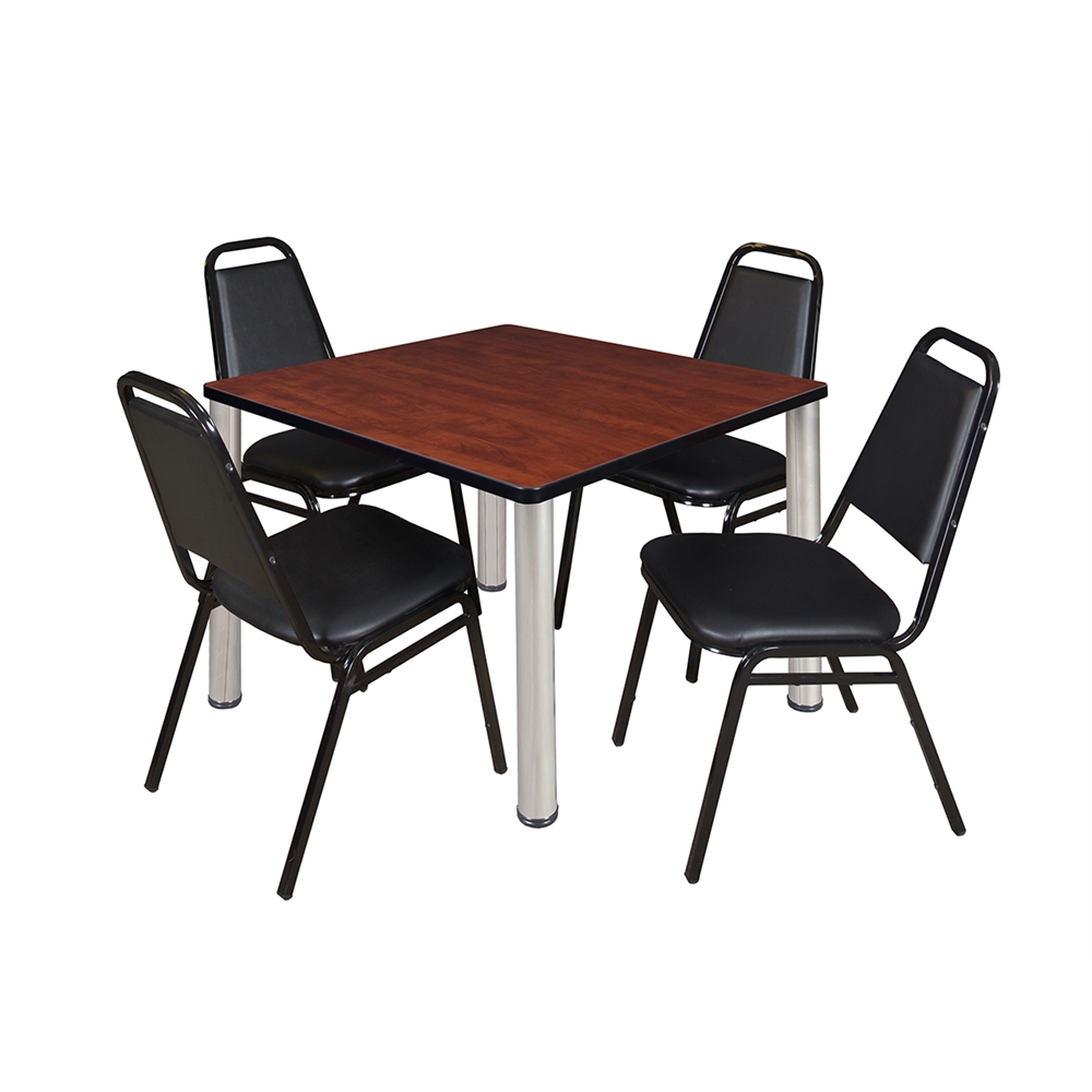 Kee 42" Square Breakroom Table- Cherry/ Chrome & 4 Restaurant Stack Chairs- Black. Picture 1