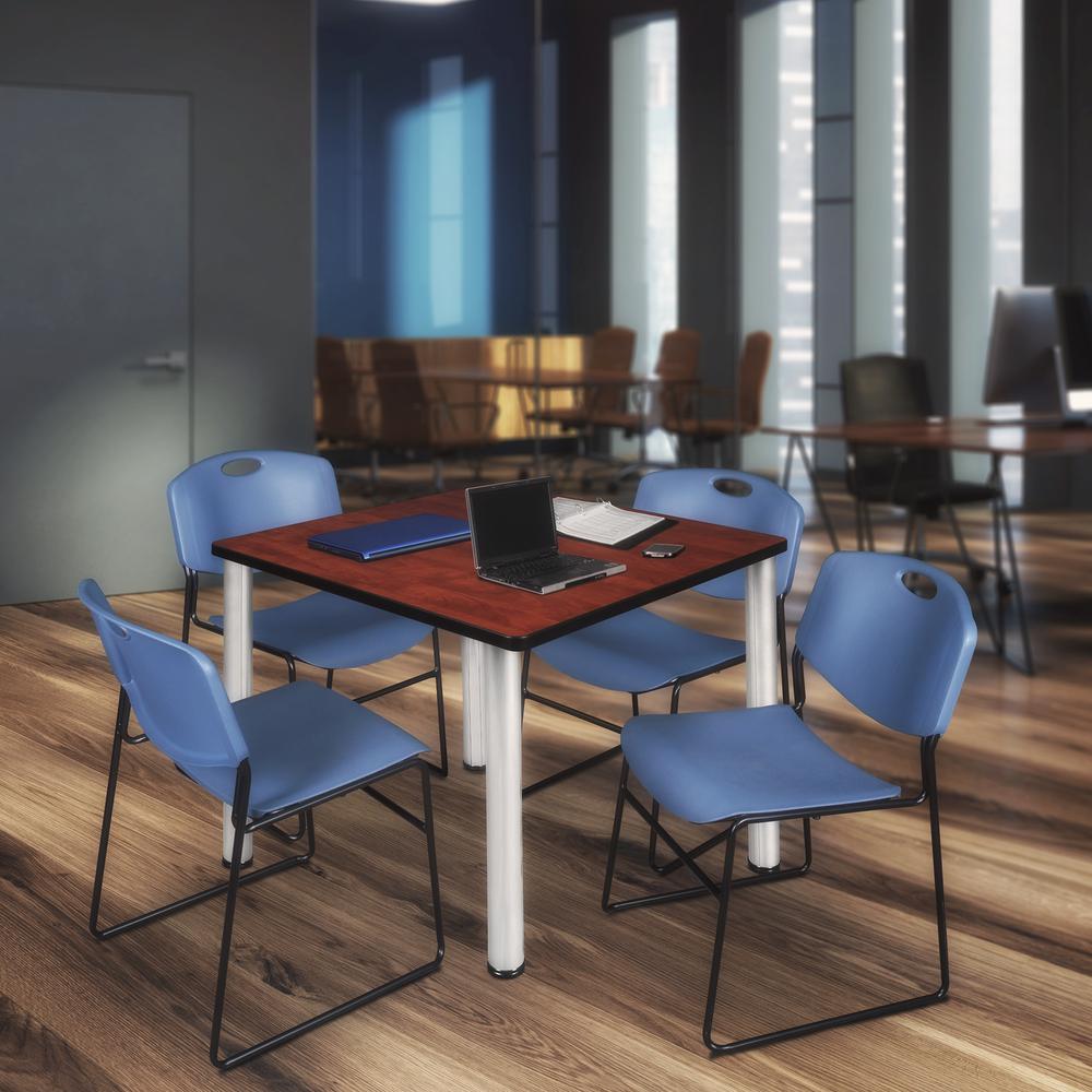 Kee 42" Square Breakroom Table- Cherry/ Chrome & 4 Zeng Stack Chairs- Blue. Picture 2