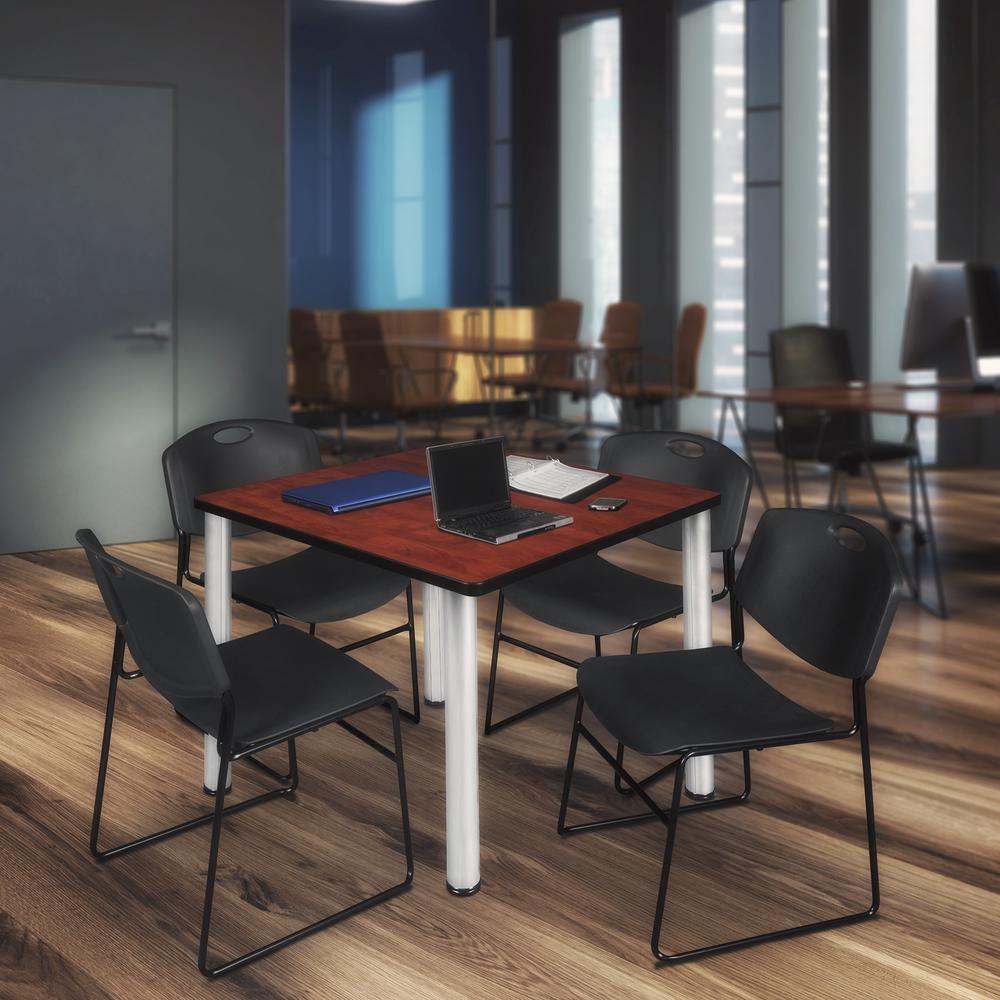 Kee 42" Square Breakroom Table- Cherry/ Chrome & 4 Zeng Stack Chairs- Black. Picture 2