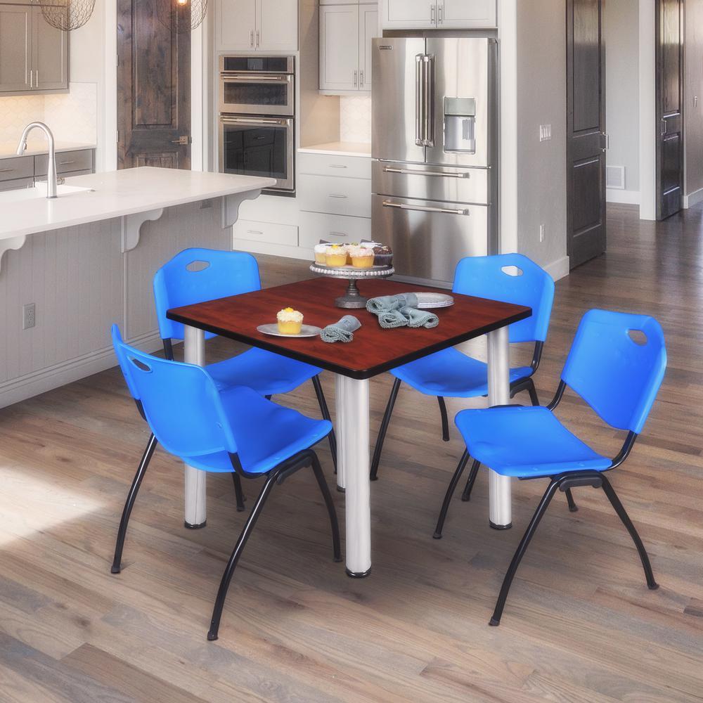 Kee 42" Square Breakroom Table- Cherry/ Chrome & 4 'M' Stack Chairs- Blue. Picture 2