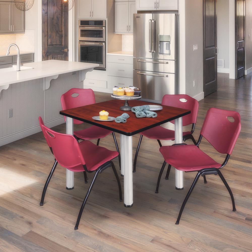 Kee 42" Square Breakroom Table- Cherry/ Chrome & 4 'M' Stack Chairs- Burgundy. Picture 2