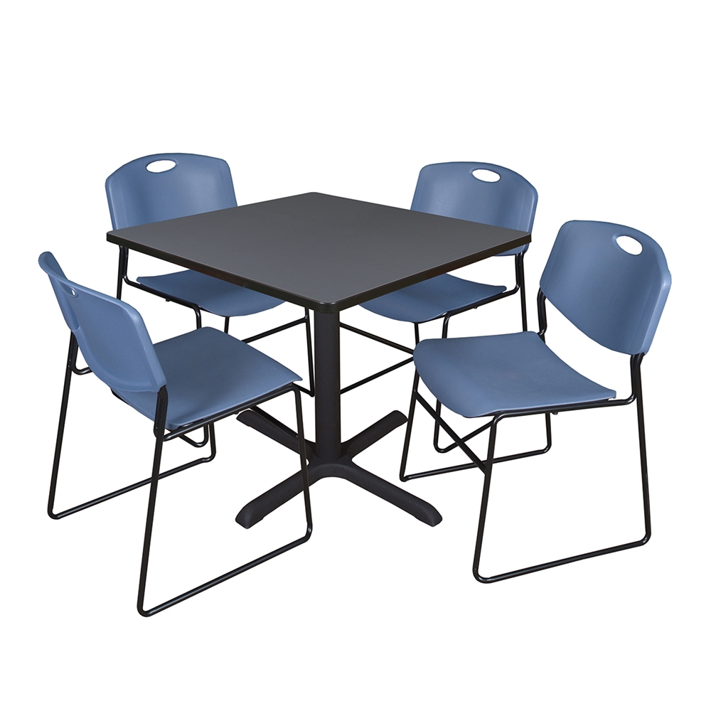 Cain 42" Square Breakroom Table- Grey & 4 Zeng Stack Chairs- Blue. Picture 1