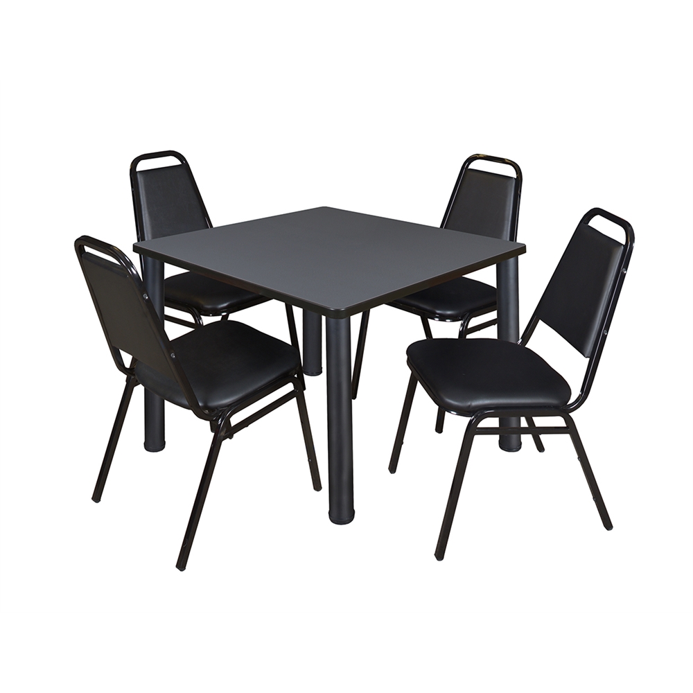 Kee 42" Square Breakroom Table- Grey/ Black & 4 Restaurant Stack Chairs- Black. Picture 1