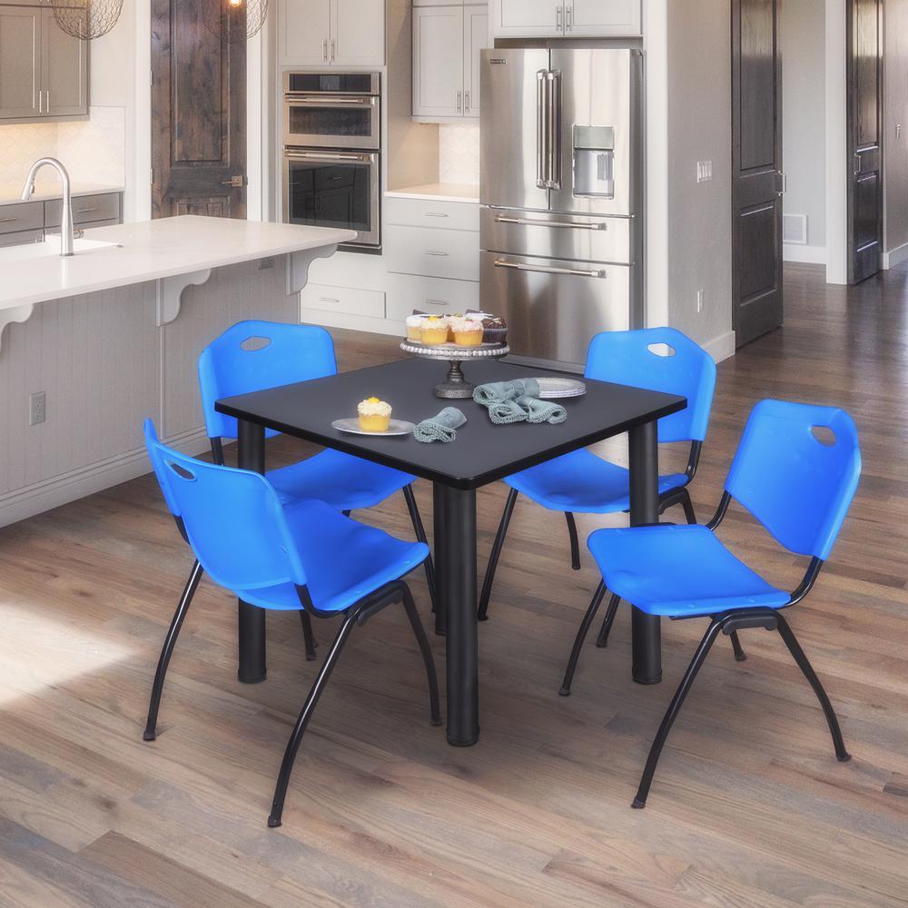 Kee 42" Square Breakroom Table- Grey/ Black & 4 'M' Stack Chairs- Blue. Picture 2