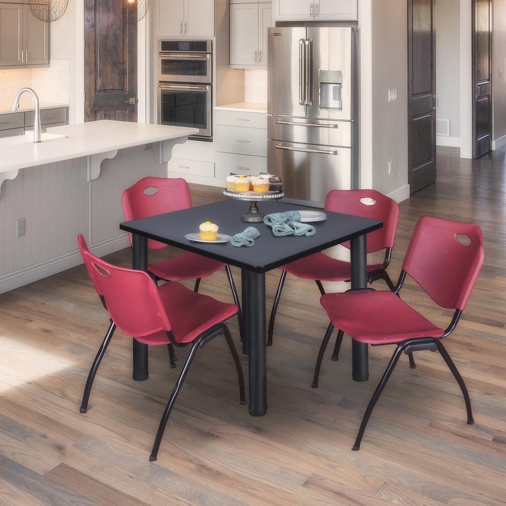Kee 42" Square Breakroom Table- Grey/ Black & 4 'M' Stack Chairs- Burgundy. Picture 2
