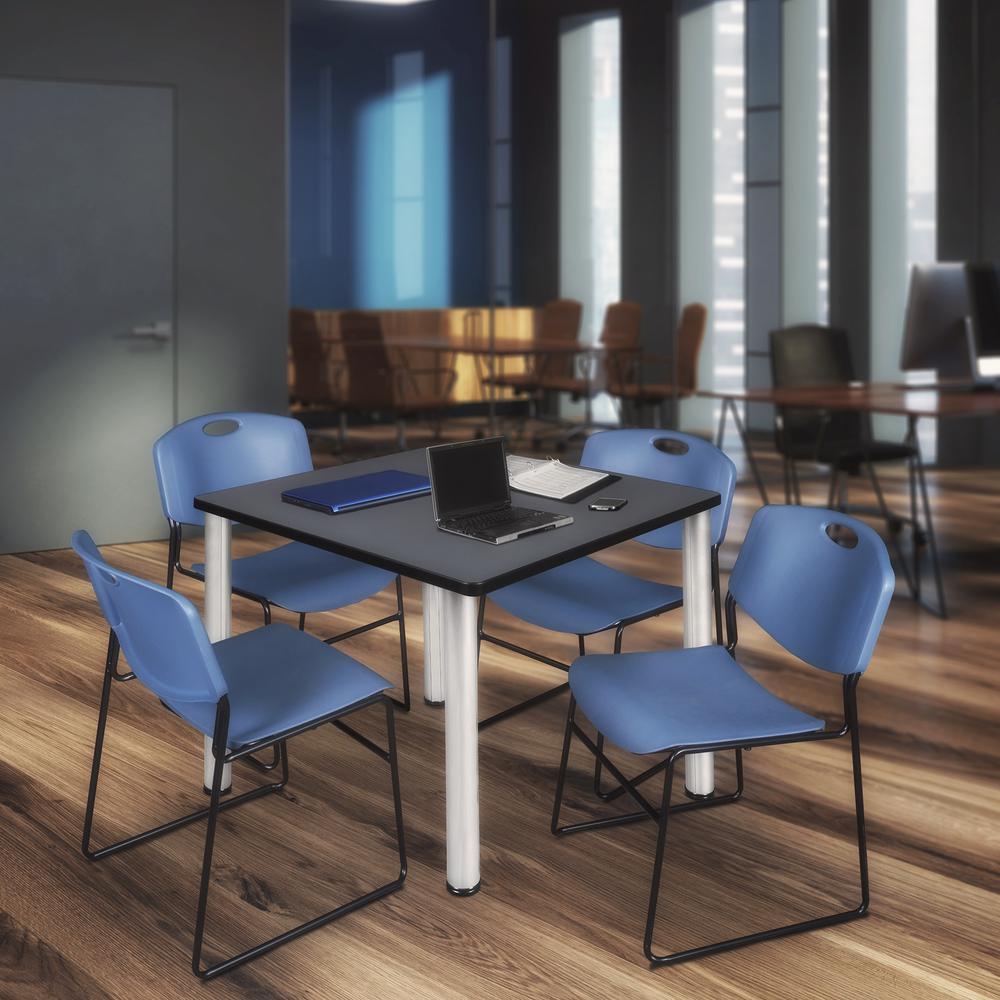 Kee 42" Square Breakroom Table- Grey/ Chrome & 4 Zeng Stack Chairs- Blue. Picture 2