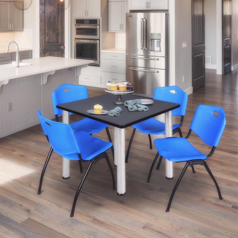 Kee 42" Square Breakroom Table- Grey/ Chrome & 4 'M' Stack Chairs- Blue. Picture 2