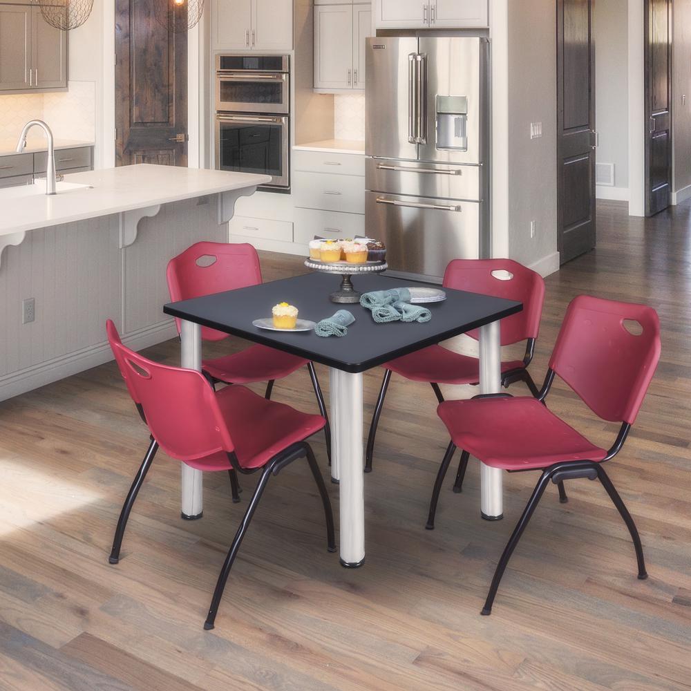 Kee 42" Square Breakroom Table- Grey/ Chrome & 4 'M' Stack Chairs- Burgundy. Picture 2