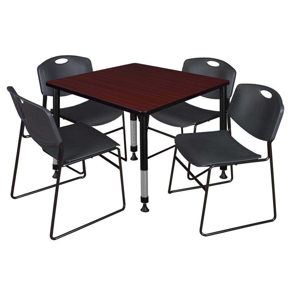 Kee 42" Square Height Adjustable Classroom Table - Mahogany & 4 Zeng Stack Chairs- Black. Picture 1