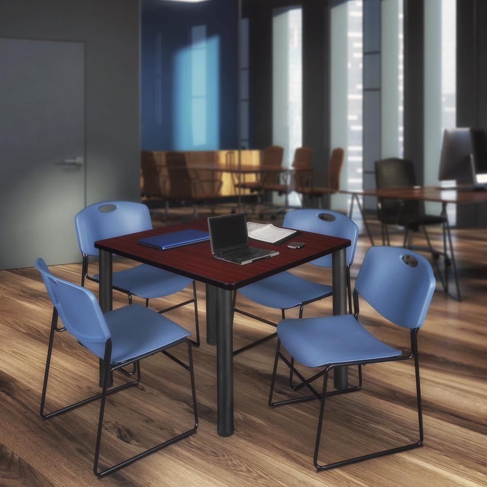 Kee 42" Square Breakroom Table- Mahogany/ Black & 4 Zeng Stack Chairs- Blue. Picture 2