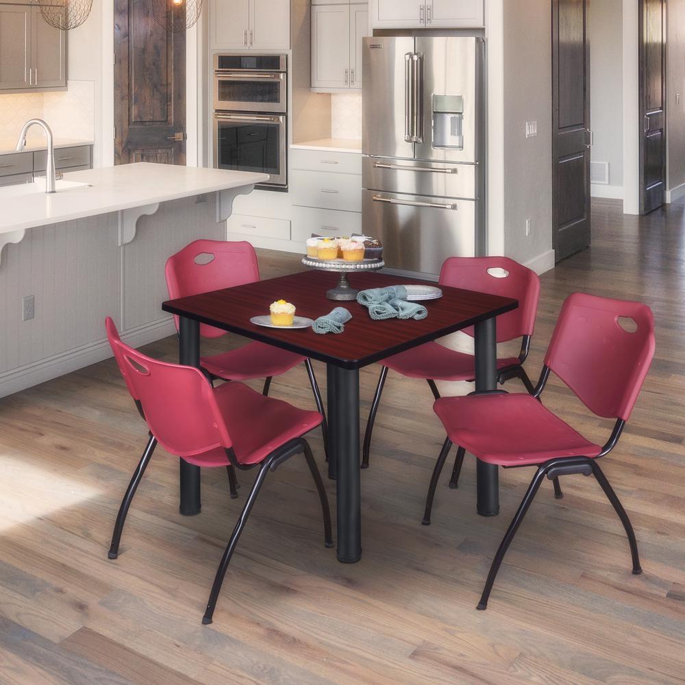 Kee 42" Square Breakroom Table- Mahogany/ Black & 4 'M' Stack Chairs- Burgundy. Picture 2