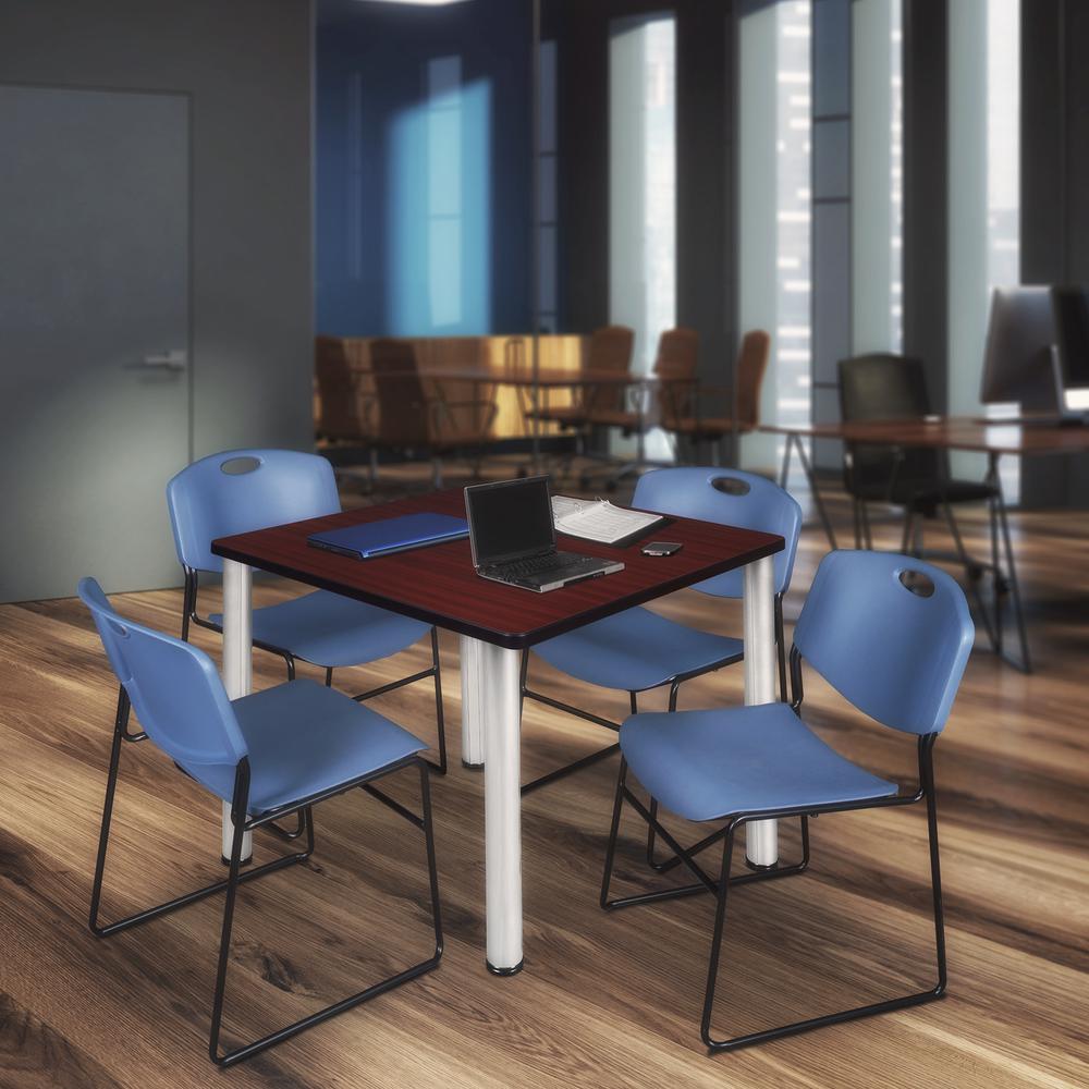 Kee 42" Square Breakroom Table- Mahogany/ Chrome & 4 Zeng Stack Chairs- Blue. Picture 2