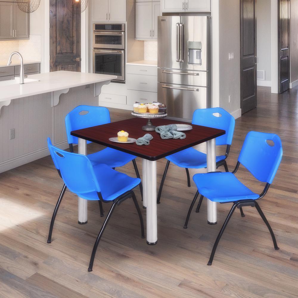 Kee 42" Square Breakroom Table- Mahogany/ Chrome & 4 'M' Stack Chairs- Blue. Picture 2