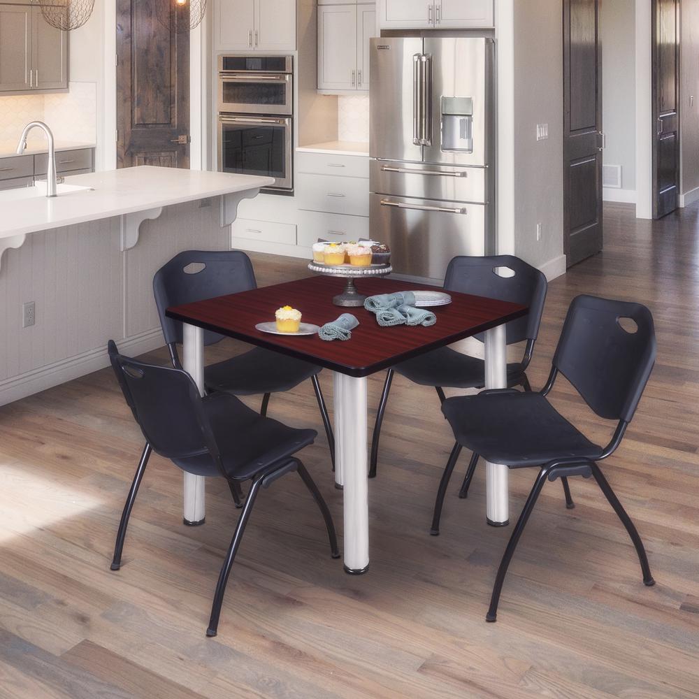 Kee 42" Square Breakroom Table- Mahogany/ Chrome & 4 'M' Stack Chairs- Black. Picture 2