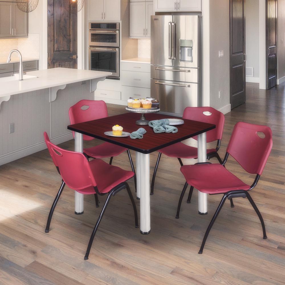Kee 42" Square Breakroom Table- Mahogany/ Chrome & 4 'M' Stack Chairs- Burgundy. Picture 2