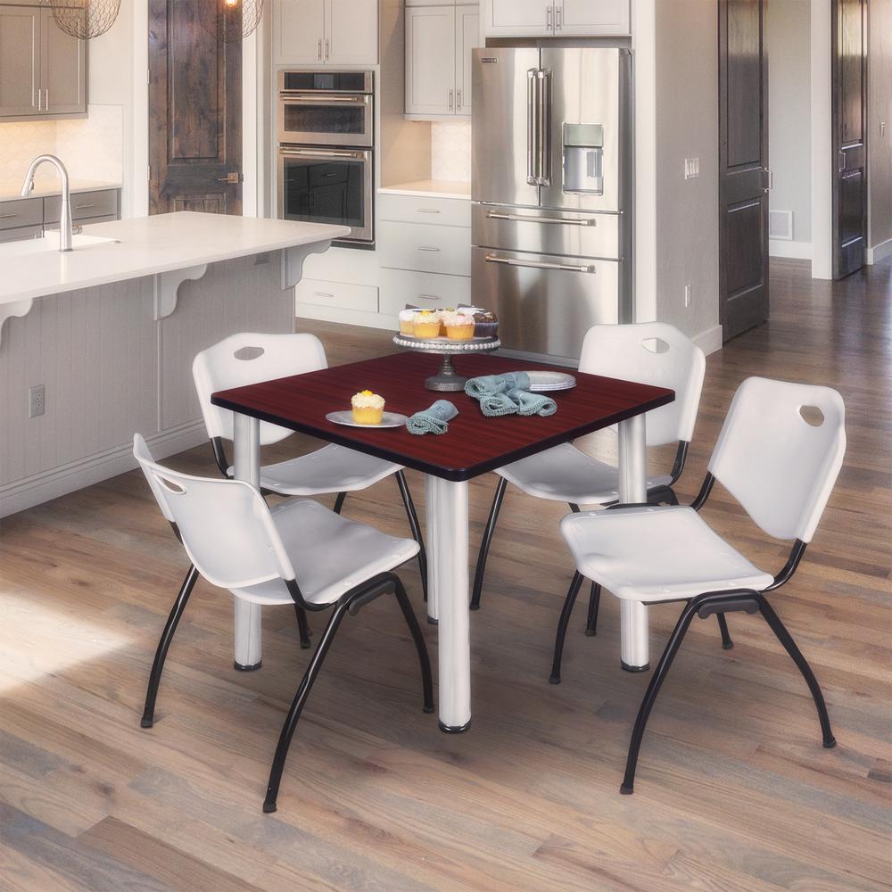 Kee 42" Square Breakroom Table- Mahogany/ Chrome & 4 'M' Stack Chairs- Grey. Picture 2