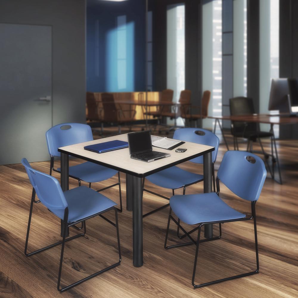 Kee 42" Square Breakroom Table- Maple/ Black & 4 Zeng Stack Chairs- Blue. Picture 2