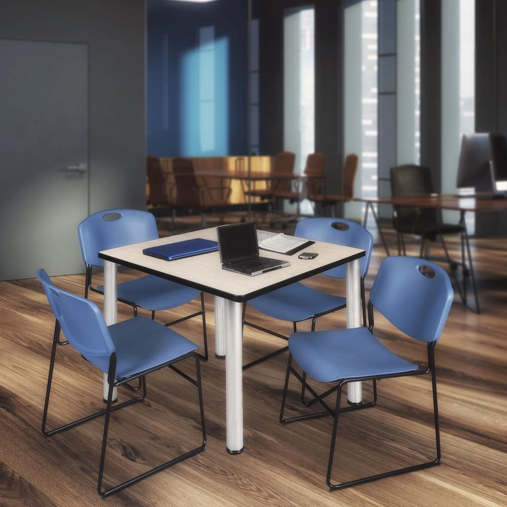 Kee 42" Square Breakroom Table- Maple/ Chrome & 4 Zeng Stack Chairs- Blue. Picture 2