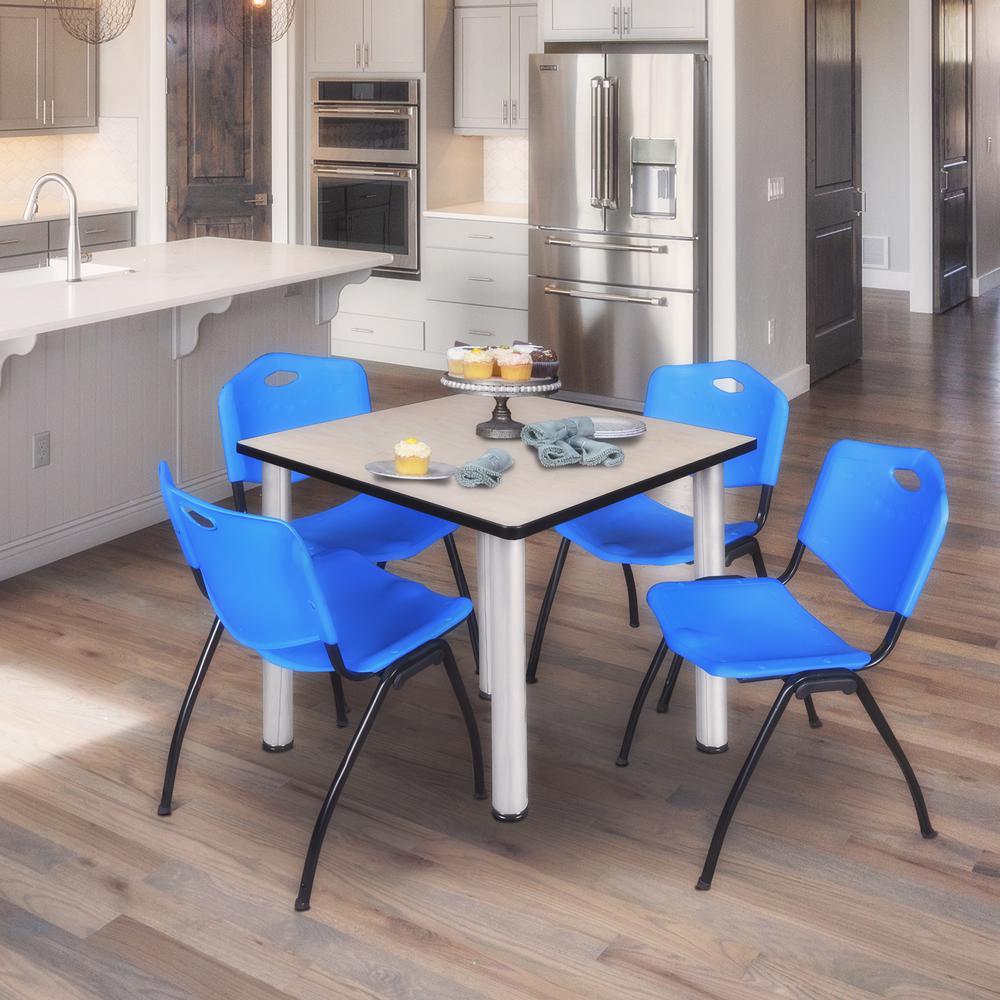 Kee 42" Square Breakroom Table- Maple/ Chrome & 4 'M' Stack Chairs- Blue. Picture 2