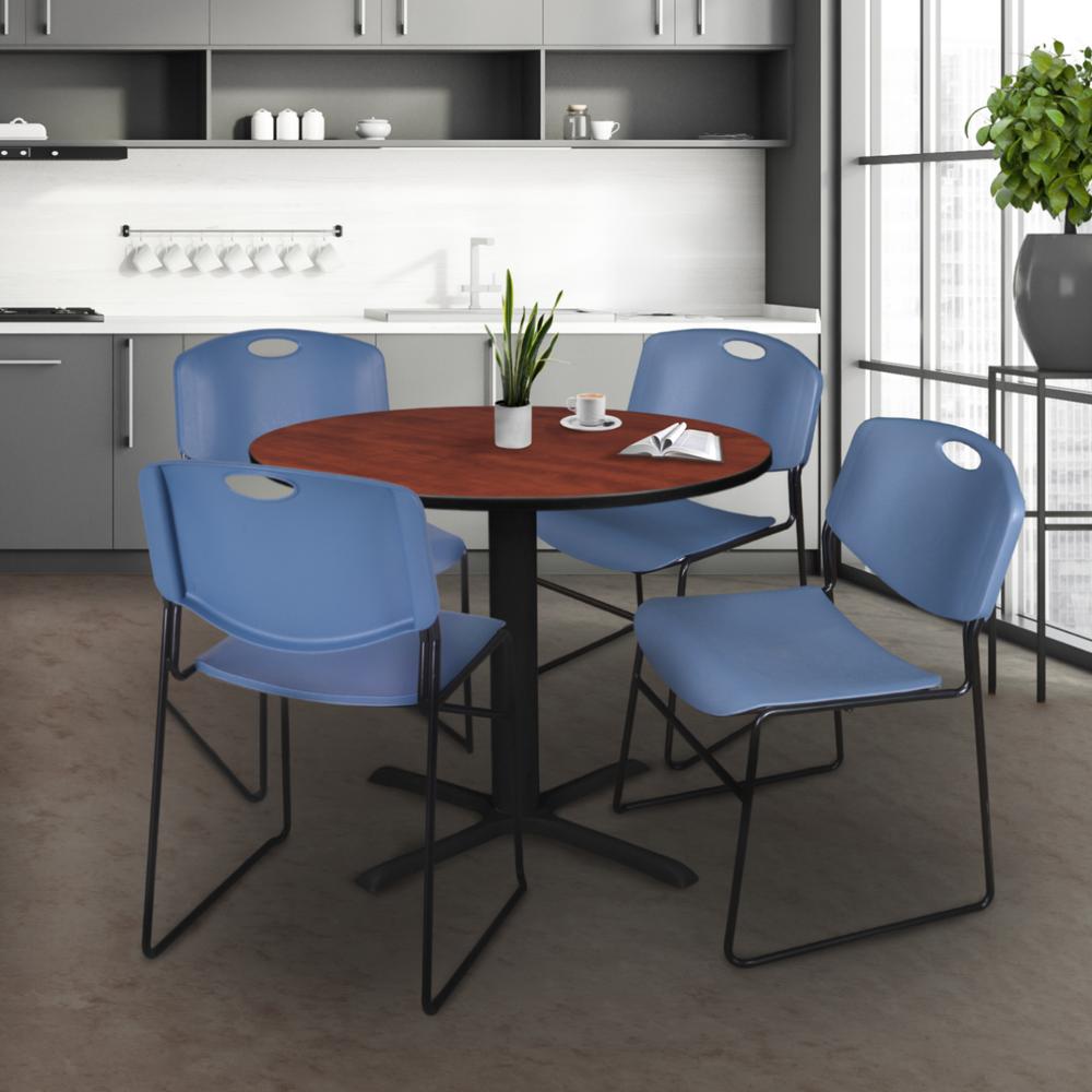 Cain 42" Round Breakroom Table- Cherry & 4 Zeng Stack Chairs- Blue. Picture 2
