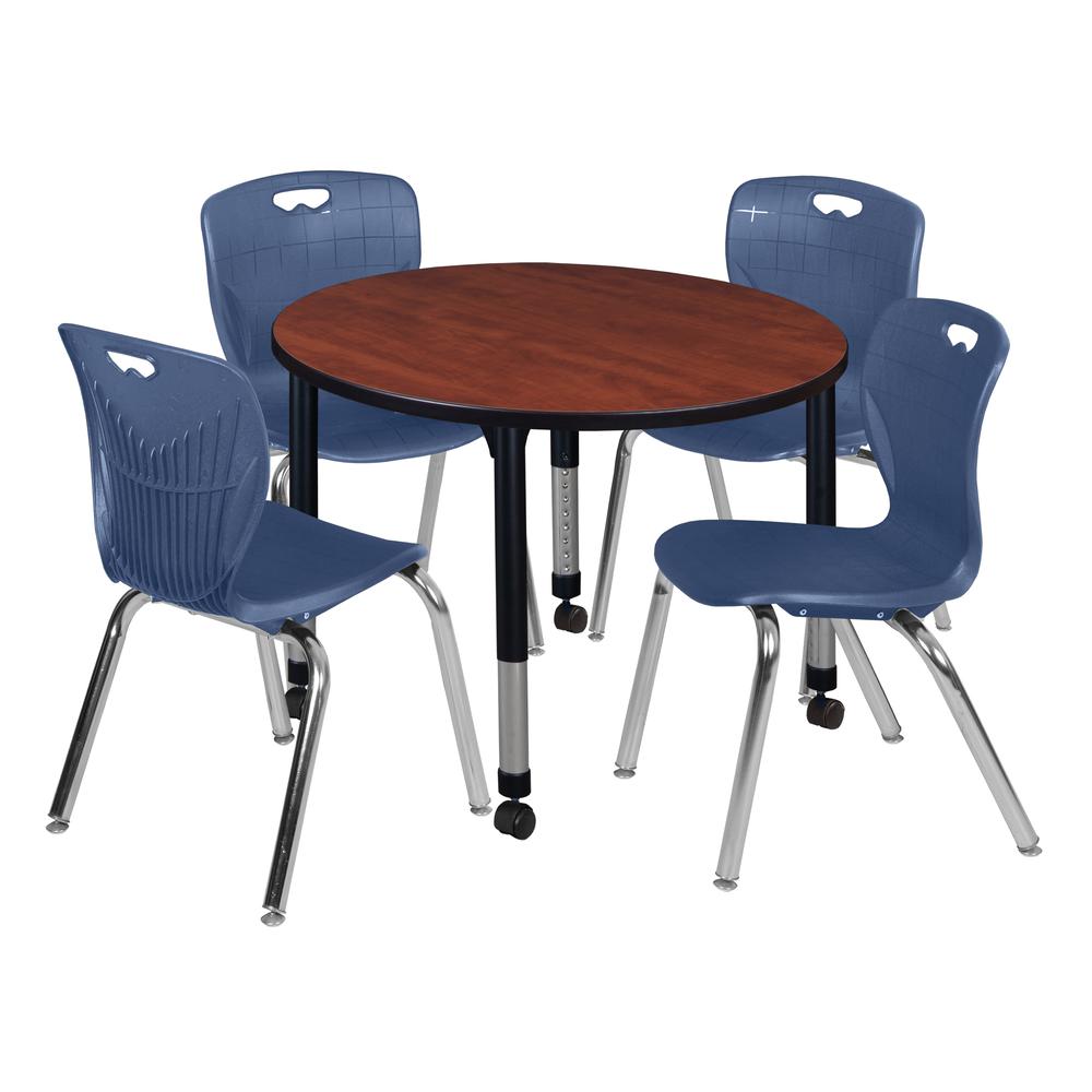 Kee 42" Round Height Adjustable Classroom Table - Cherry & 4 Andy 18-in Stack Chairs- Navy Blue. Picture 1