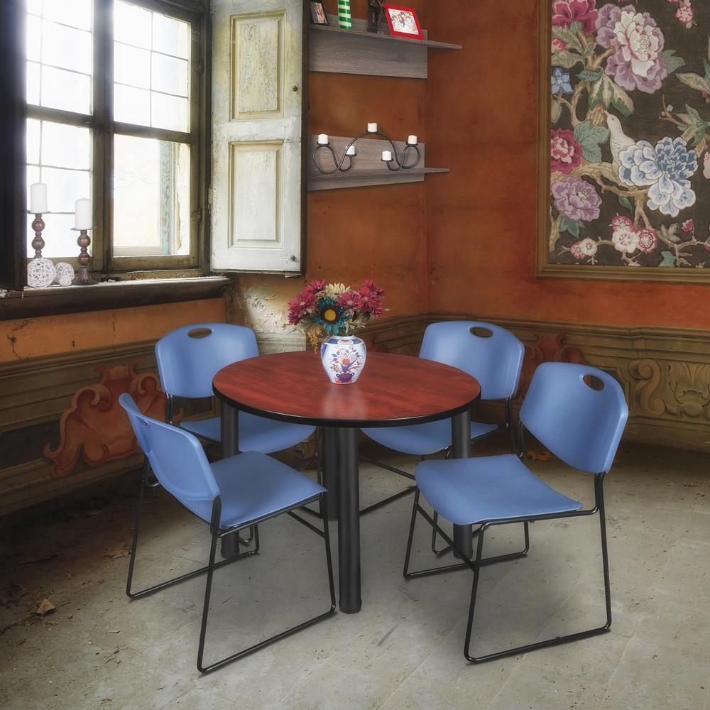 Kee 42" Round Breakroom Table- Cherry/ Black & 4 Zeng Stack Chairs- Blue. Picture 2