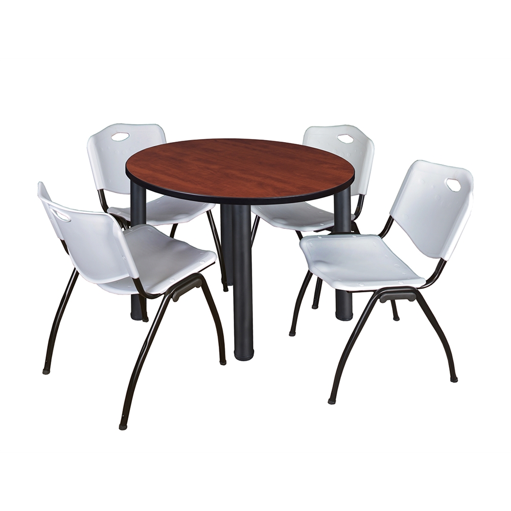 Kee 42" Round Breakroom Table- Cherry/ Black & 4 'M' Stack Chairs- Grey. Picture 1