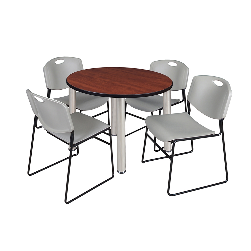 Kee 42" Round Breakroom Table- Cherry/ Chrome & 4 Zeng Stack Chairs- Grey. Picture 1