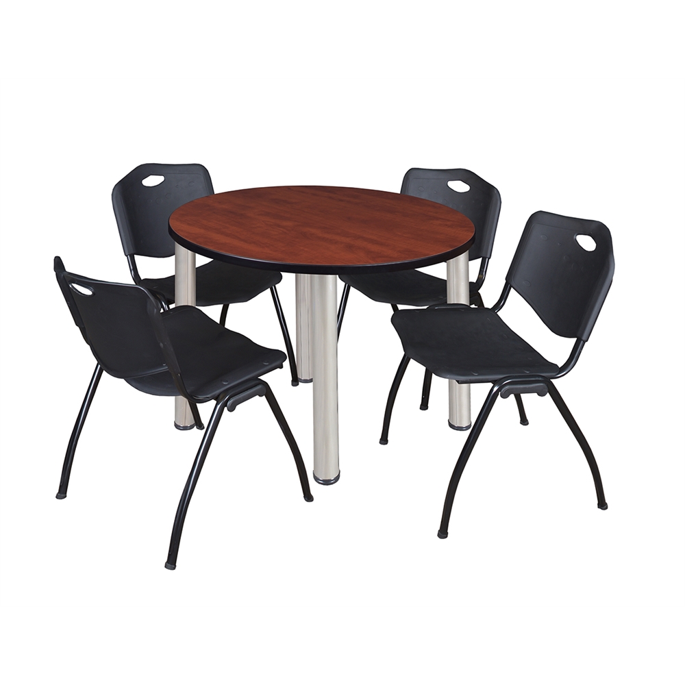 Kee 42" Round Breakroom Table- Cherry/ Chrome & 4 'M' Stack Chairs- Black. Picture 1