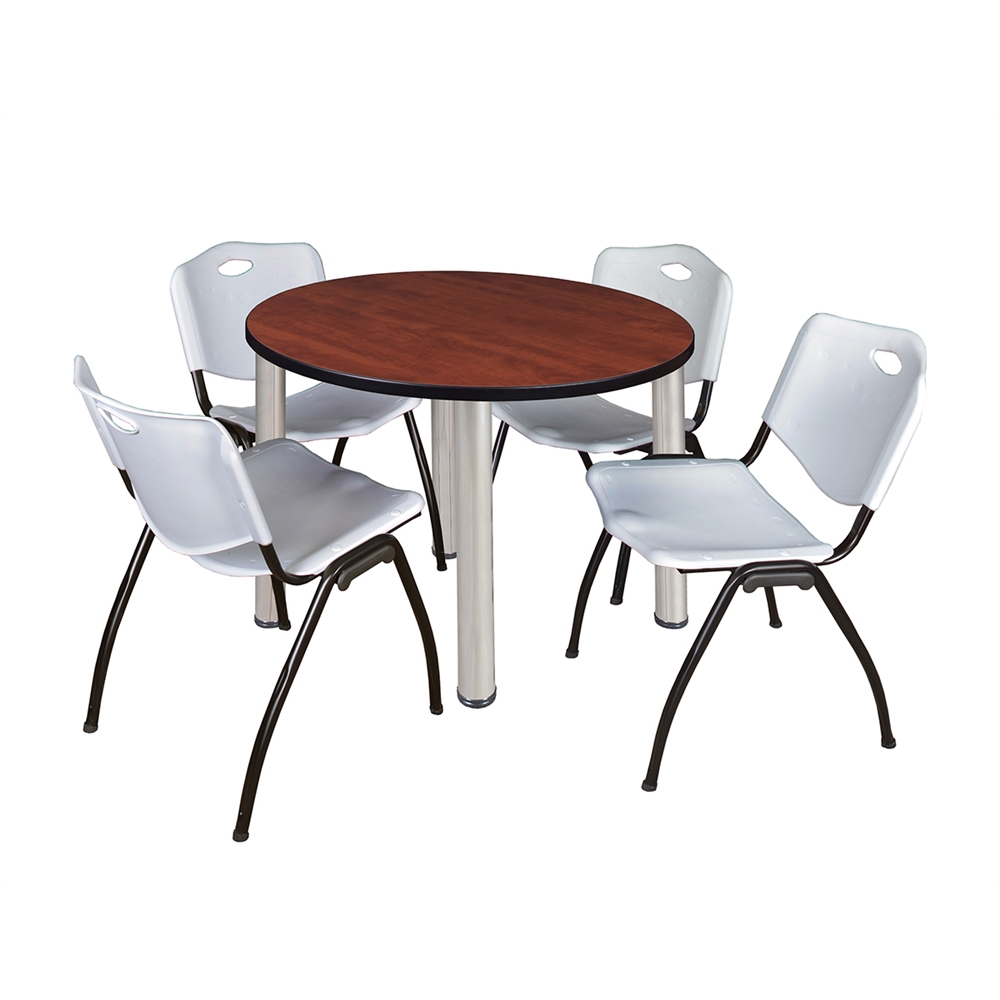 Kee 42" Round Breakroom Table- Cherry/ Chrome & 4 'M' Stack Chairs- Grey. Picture 1